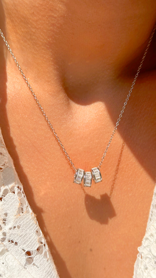 Colar Zircônia Branca com 3 Pingentes Baguete - Prata 925 com Banho de Ródio