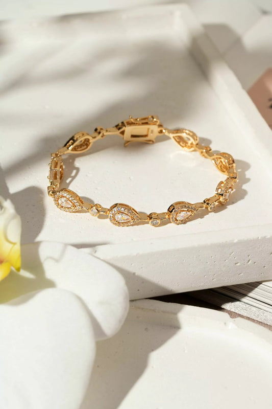 Pulseira Riviera Inteira Gotas com Zircônias Brancas 17cm - Banho de Ouro 18k