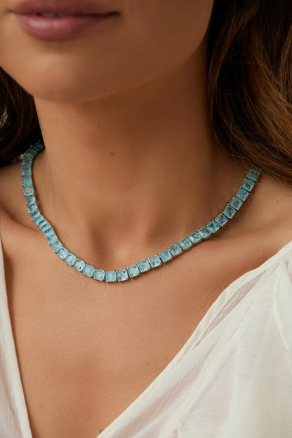 Colar Riviera Inteira Quadrados com Fusion Turmalina Light 42cm - Banho de Ródio Branco