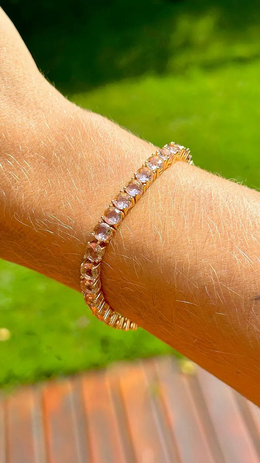 Pulseira Riviera Inteira Cristal Berilo Rosa - Banho de Ouro 18k