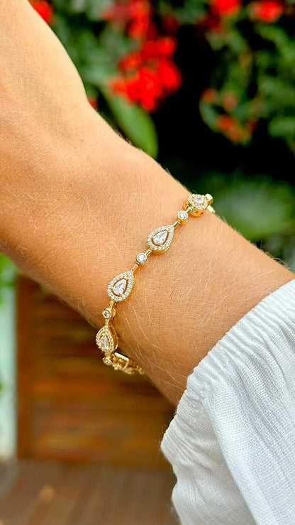 Pulseira Riviera Inteira Gotas com Zircônias Brancas 17cm - Banho de Ouro 18k