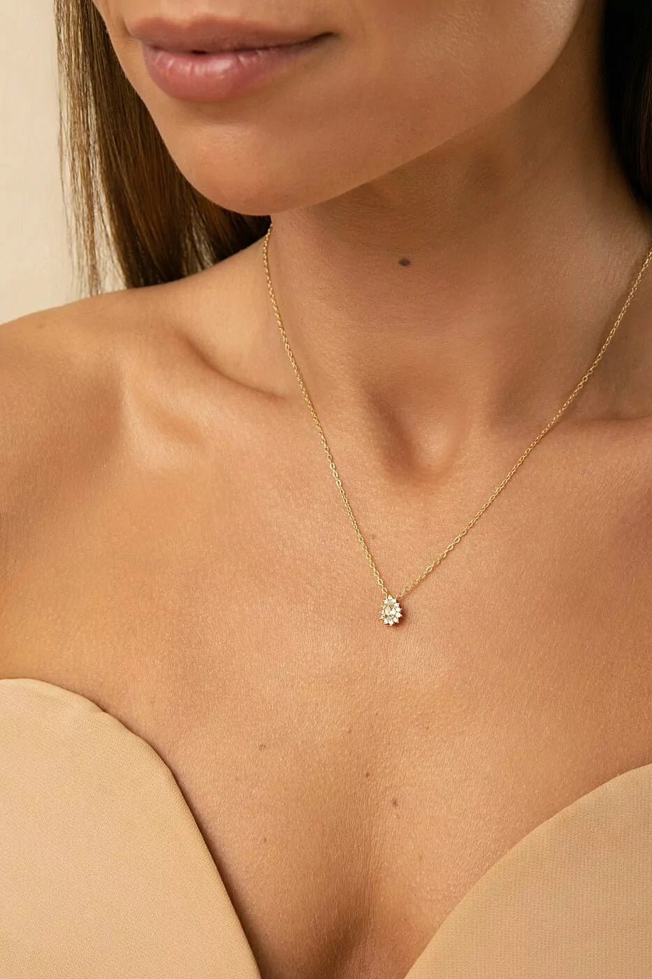 Conjunto Brinco e Colar Gota de Cristal Água Marinha e Zircônias Brancas 50cm - Banho de Ouro 18k