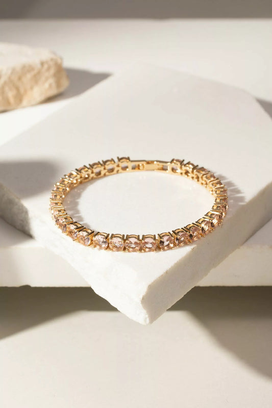 Pulseira Riviera Inteira Cristal Berilo Rosa - Banho de Ouro 18k