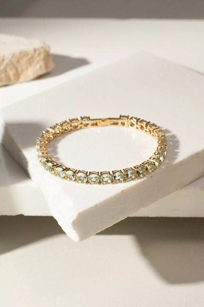 Pulseira Riviera Inteira Cristal Berilo Verde - Banho de Ouro 18k