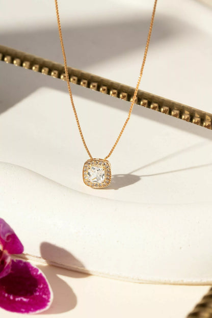 Conjunto Brinco e Colar Quadrado com Zircônias Brancas 50cm - Banho de Ouro 18k