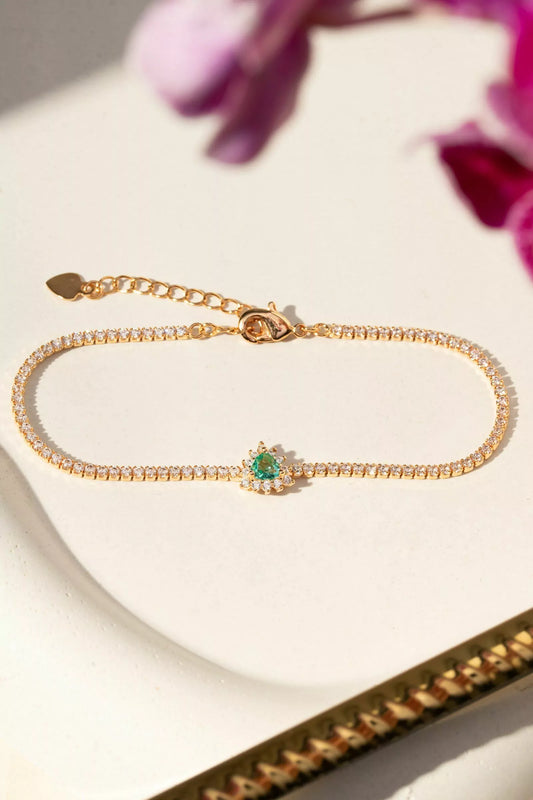 Pulseira Retângulo com Cristal London Blue e Zircônias Brancas 19cm - Banho de Ouro 18k