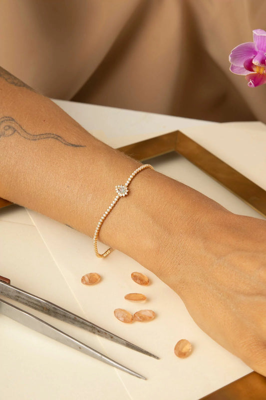 Pulseira de Cristal Água Marinha e Zircônias Brancas 19cm - Banho de Ouro 18k