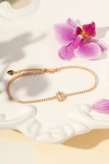 Pulseira de Cristal Água Marinha e Zircônias Brancas 19cm - Banho de Ouro 18k