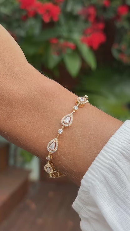 Pulseira Riviera Inteira Gotas com Zircônias Brancas 17cm - Banho de Ouro 18k