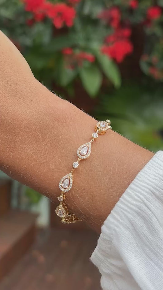 Pulseira Riviera Inteira Gotas com Zircônias Brancas 17cm - Banho de Ouro 18k